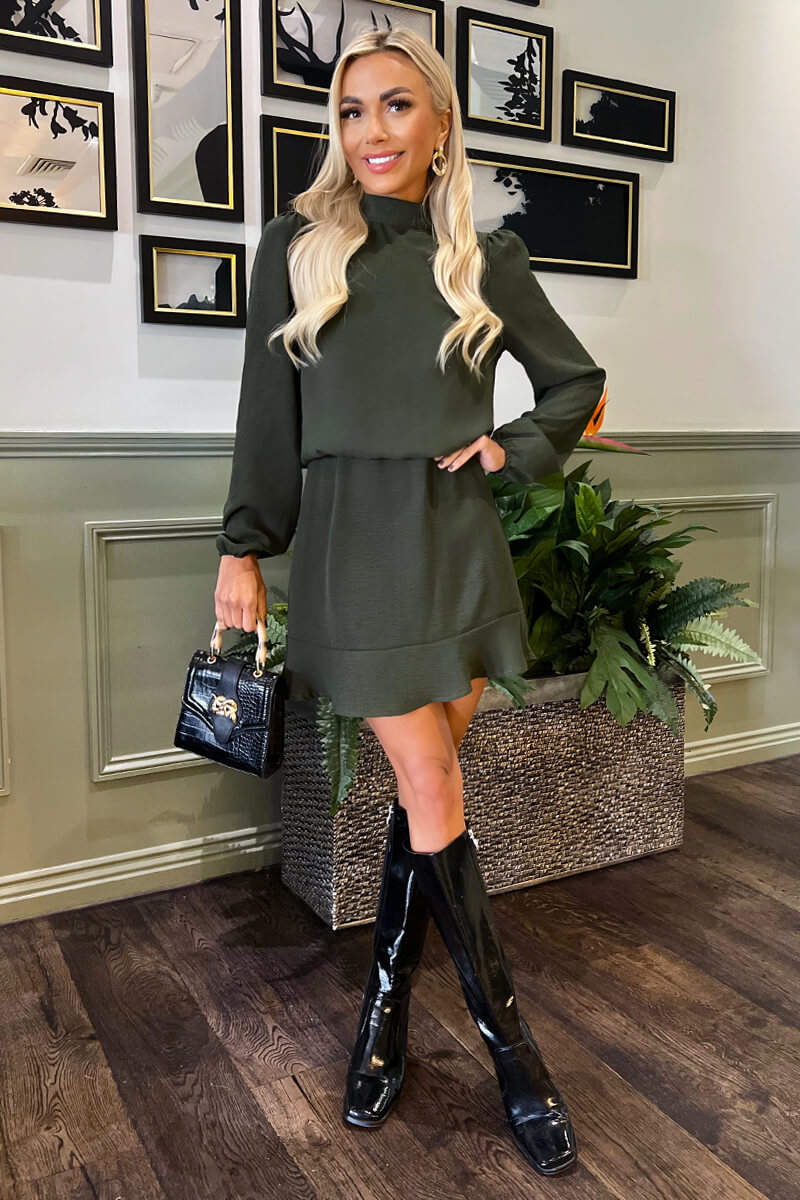 Knee High Evening Gown With Boots Olive High Neck Long Sleeve Mini