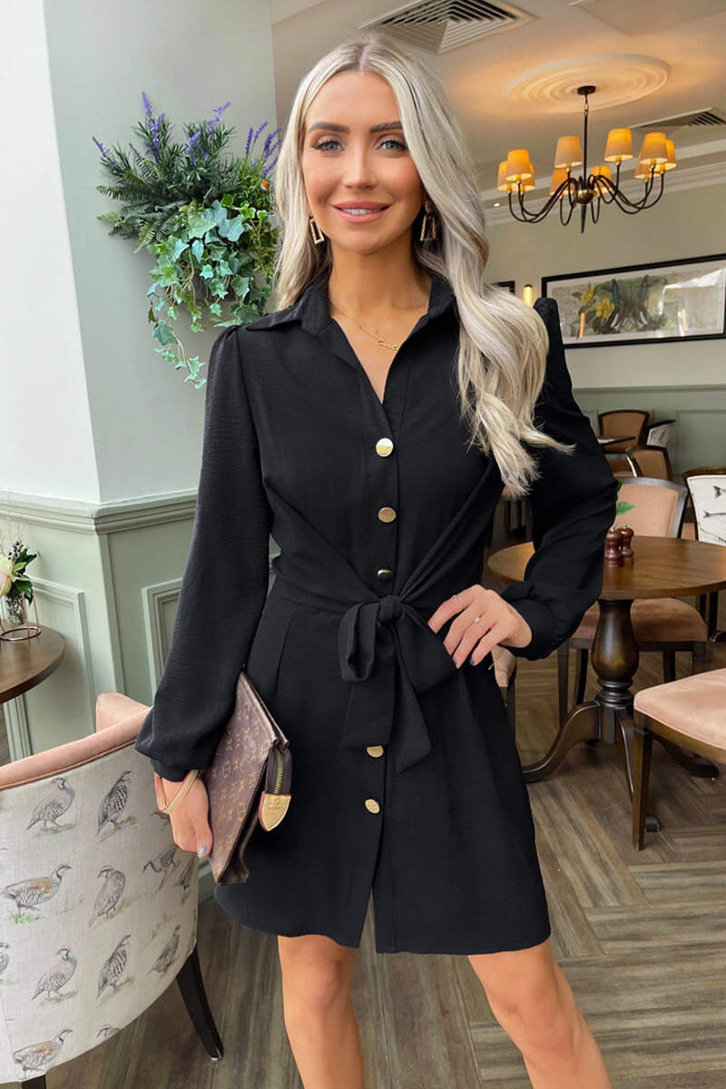 Black Button Tie Front Mini Shirt Dress – AX Paris
