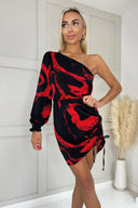 Black And Red Print One Sleeve Ruched Side Mini Dress