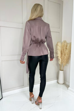 Taupe Satin Tie Waist Wrap Shirt