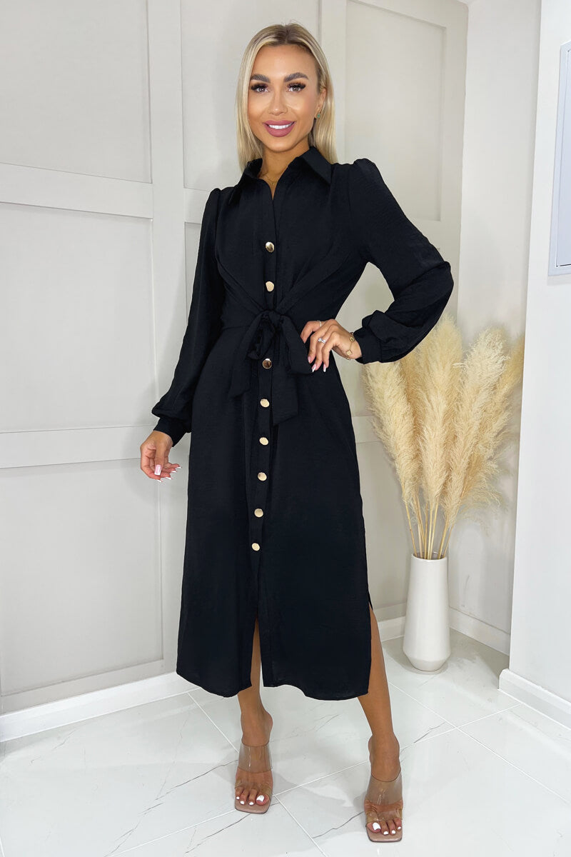 Black Button Front Tie Midi Shirt Dress AX Paris Black Button Front Tie Midi Shirt Dress AX Paris