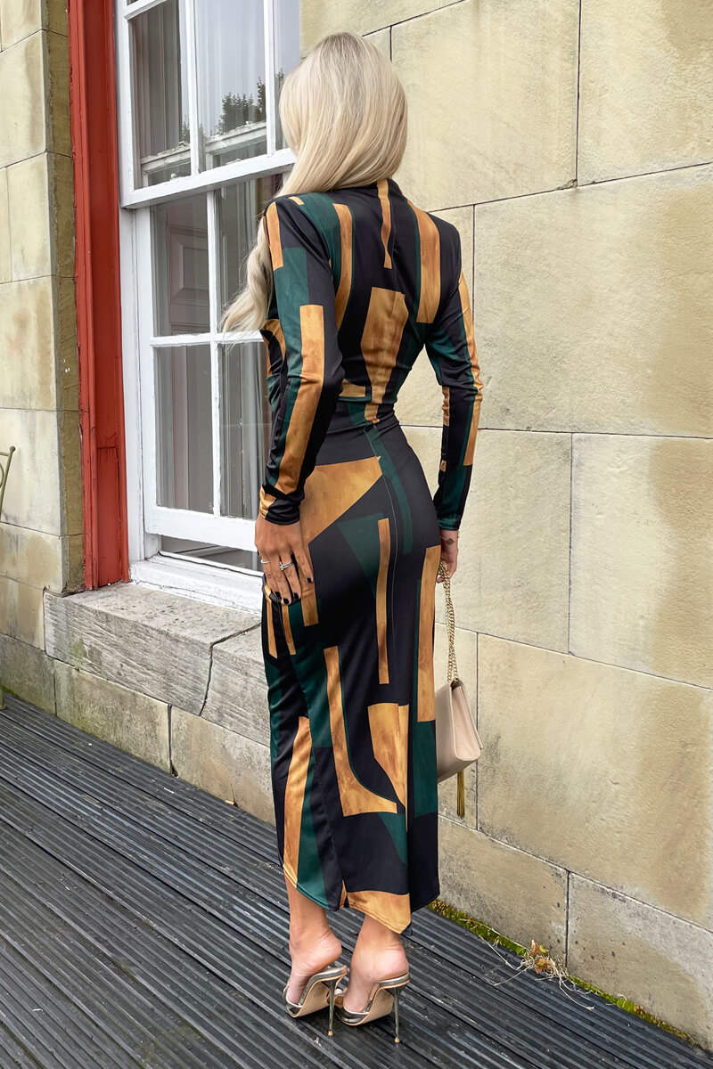 Forest Geometric Print Long Sleeve Wrap Midi Dress