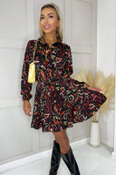 Multi Print Long Sleeve Tie Waist Collared Skater Dress