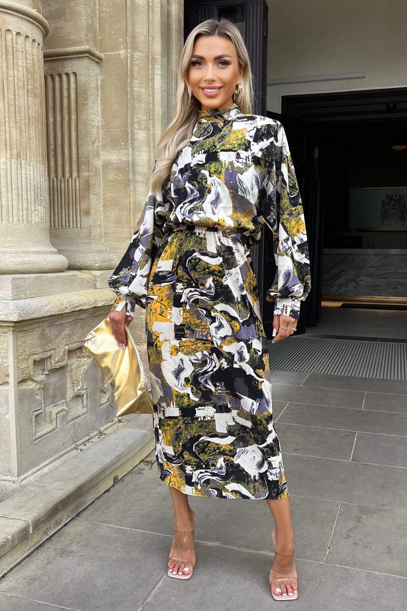 Multi Printed High Neck Balloon Sleeve Midi Dress – AX Paris