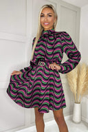 Multi Print Long Sleeve High Neck Belted Skater Dress