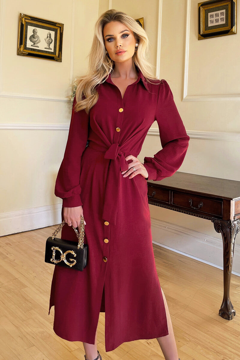 Ax Paris Burgundy Button Down Dress Wine Button Front Tie Shirt Midi Dress AX Paris Ax Paris Burgundy Button Down Dress Wine Button Front Tie Shirt Midi Dress AX Paris