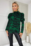 Green Printed High Neck Long Puff Sleeve Top