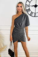 Silver Sparkle One Sleeve Drape Wrap Mini Dress