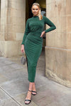 Teal Sparkly Long Sleeve Ruched Bodycon Midi Dress