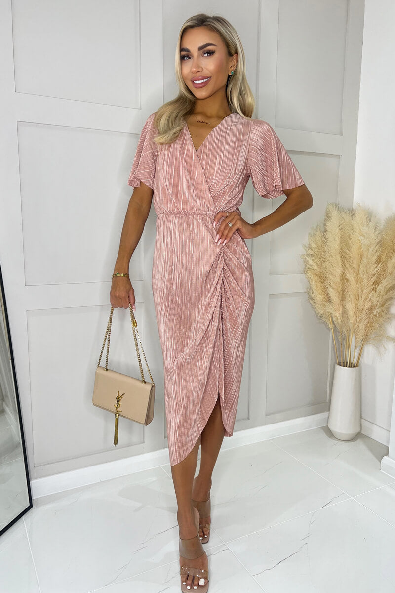 Champagne Wrap Top Short Sleeve Plisse Gathered Midi Dress