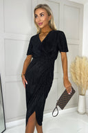 Black Wrap Top Short Sleeve Plisse Gathered Midi Dress