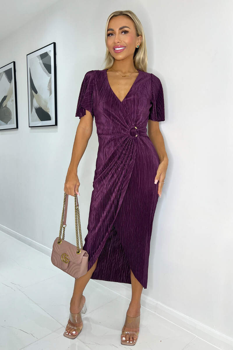 Plum Short Sleeve Plisse Wrap Midi Dress – AX Paris