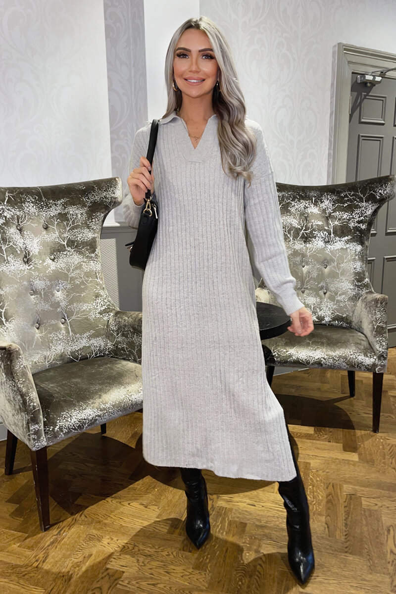 Grey Knit Long Sleeve Collared Midi Dress AX Paris Grey Knit Long Sleeve Collared Midi Dress AX Paris