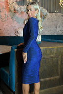 Blue Glitter Long Sleeve Ruched Bodycon Dress