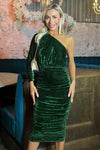 Green Velvet One Sleeve Ruched Midi Dress