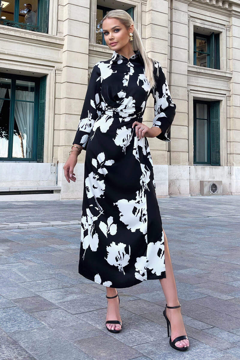 Black And White Print Draped Shirt Midi Dress