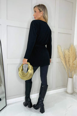 Black Ribbed Knit Long Sleeve Tie Waist Lounge Top