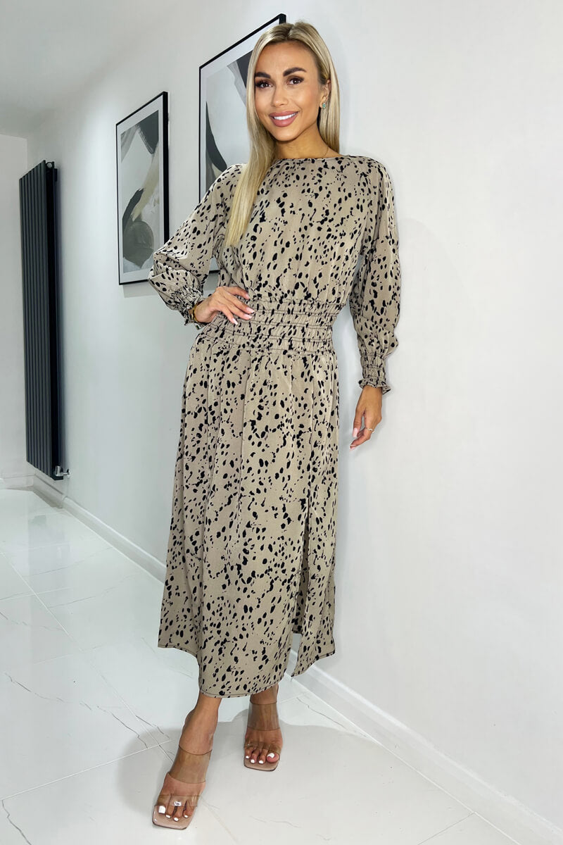 Beige Animal Print Long Sleeve Shirred Detail Midi Dress – AX Paris