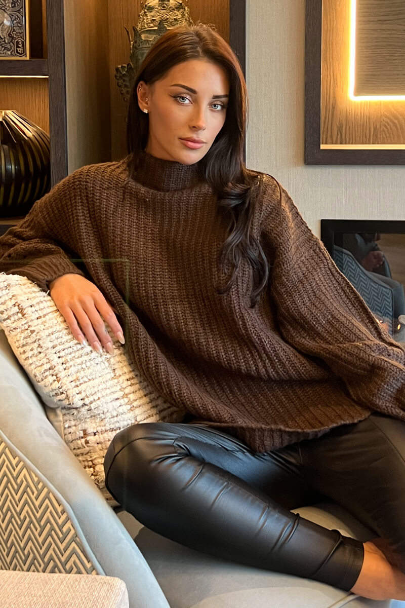 Chocolate Mock Neck Oversized Knit Jumper – AX Paris