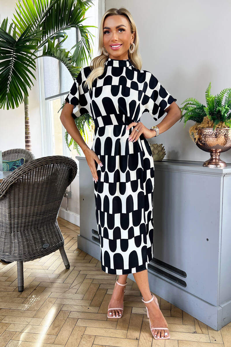 Black And Cream Abstract Print High Neck Wrap Skirt Midi Dress – AX Paris