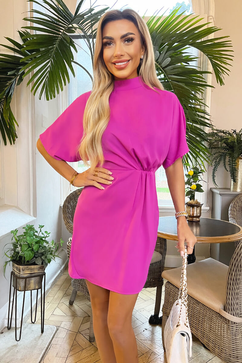 Hot Pink High Neck Gathered Waist Detail Shift Dress AX Paris Hot Pink High Neck Gathered Waist Detail Shift Dress AX Paris