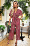 Red Floral Printed Butterfly Sleeve Belted Jumpsuit