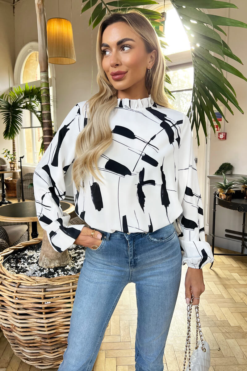 Black And White Printed High Neck Long Sleeve Top – AX Paris