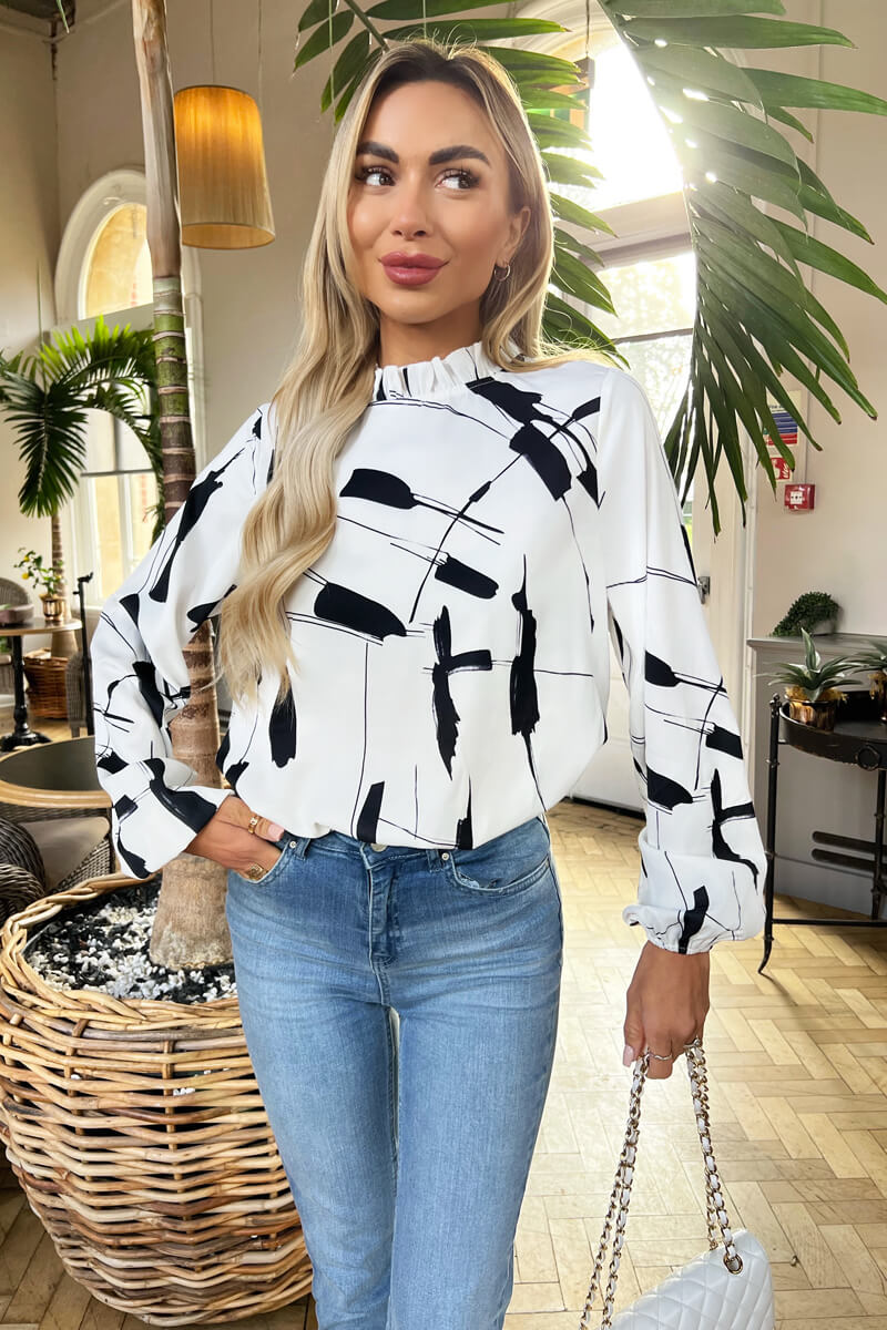 Black And White Printed High Neck Long Sleeve Top