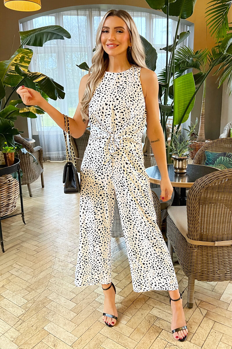 Black And White Printed Knot Front Jumpsuit