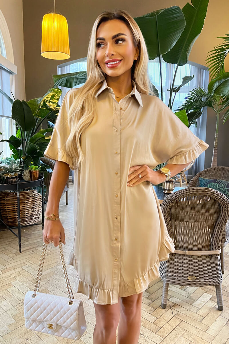 Stone Frill Detail Gold Button Front Shirt Dress AX Paris Stone Frill Detail Gold Button Front Shirt Dress AX Paris