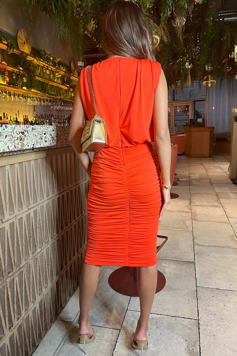 Burnt Orange Ruched Skirt Bodycon Midi Dress