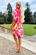 pink and red floral dress Prosperina Diana Belted Midi In Print Hand Wash Cold Red Floral Dress PinkBlush