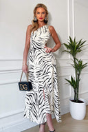 Stone And Black Animal Print Asymmetric Cut Out Midi Dress