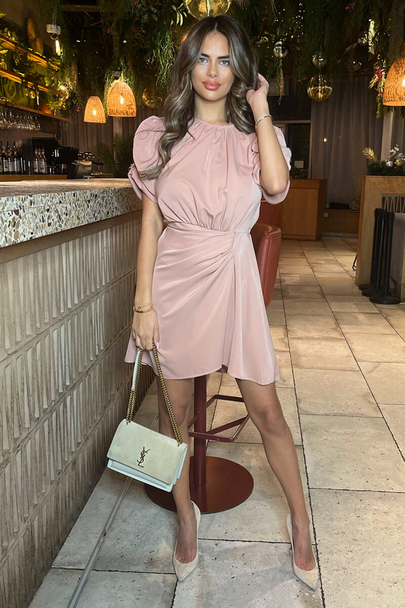 Blush Short Puff Sleeve Drape Skirt Mini Dress AX Paris Blush Short Puff Sleeve Drape Skirt Mini Dress AX Paris