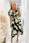 Multi Green And Black Floral Printed Short Sleeve Belted Wrap Midi Dress