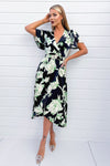 Multi Green And Black Floral Printed Short Sleeve Belted Wrap Midi Dress