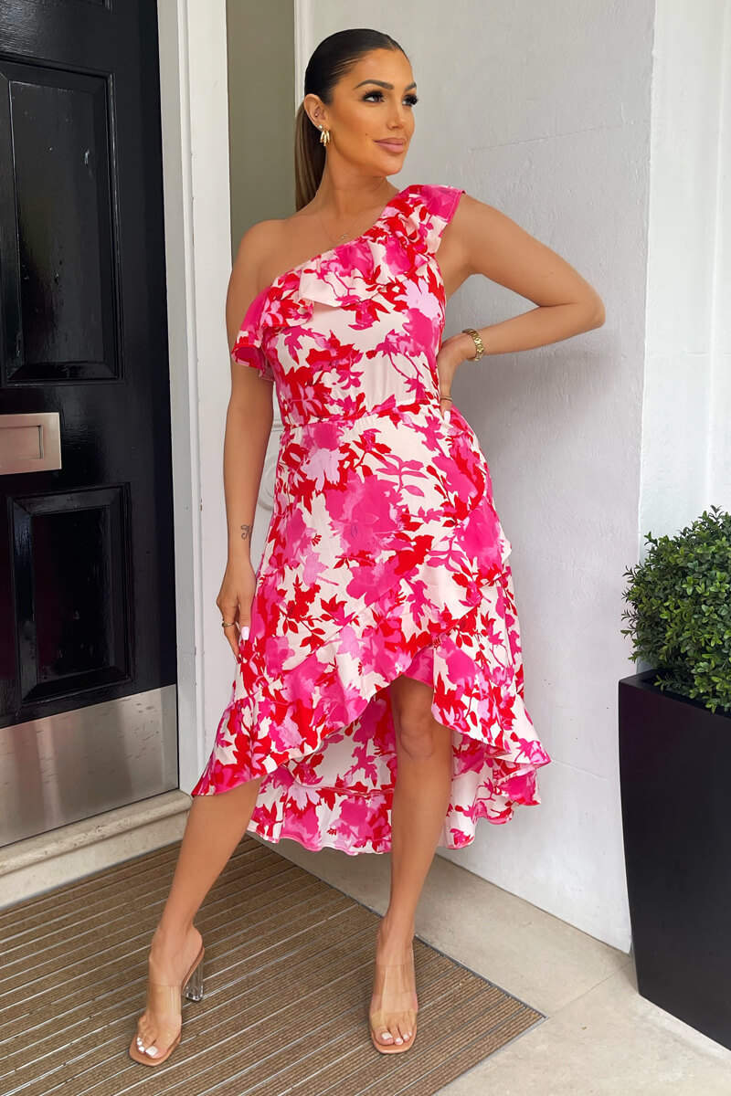 Pink Floral One Shoulder Frill Detail Dipped Hem Dress