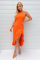 Blood Orange High Neck Frill Hem Midi Dress