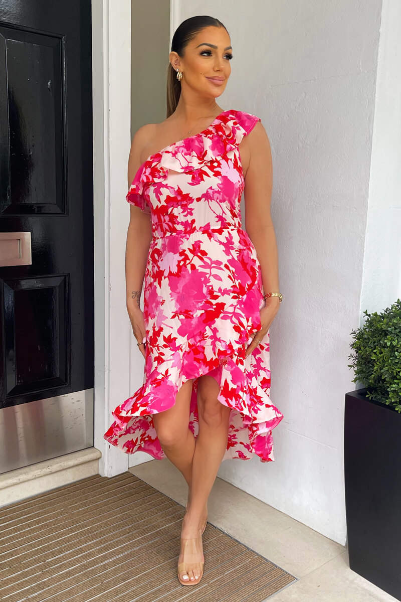 Pink Floral One Shoulder Frill Detail Dipped Hem Dress