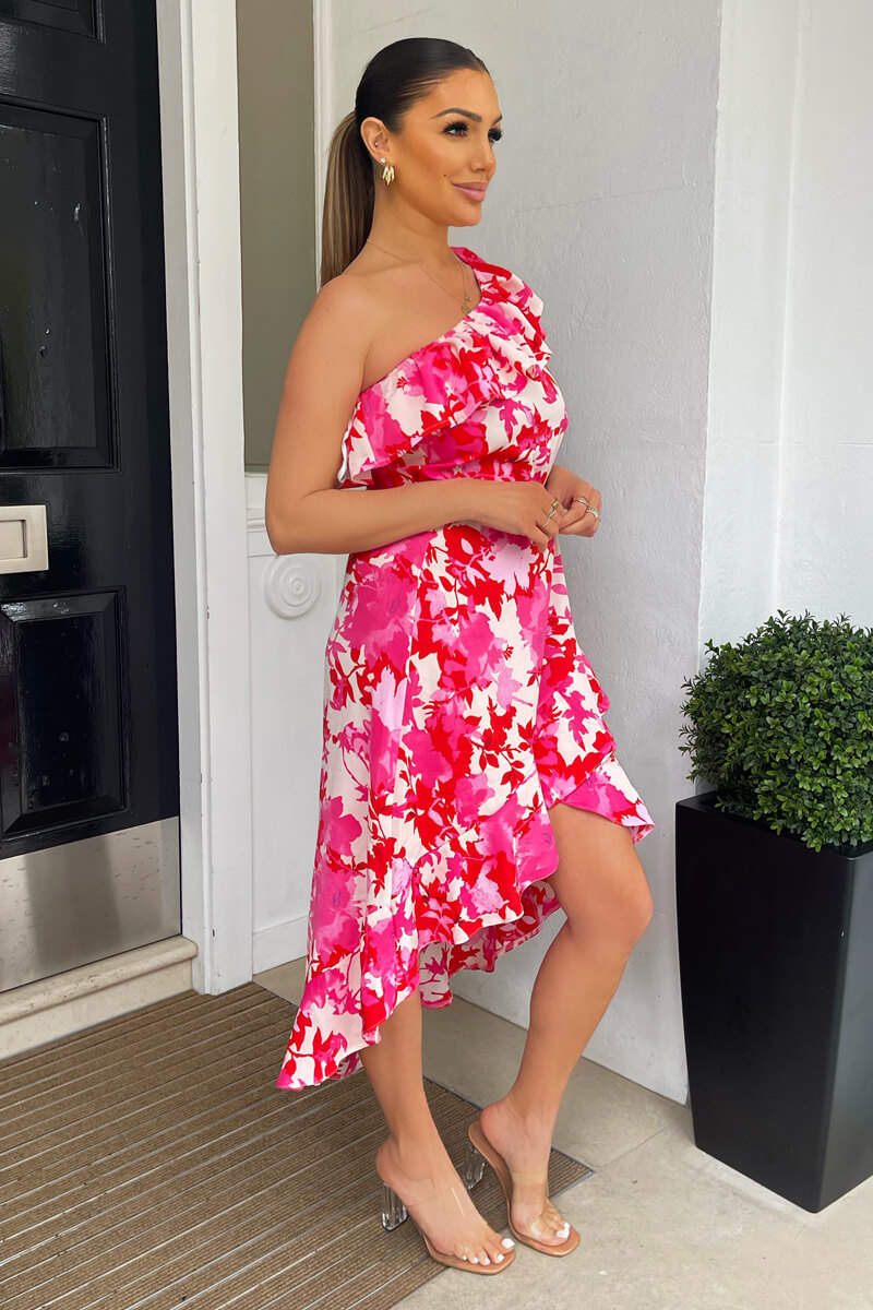 Pink Floral One Shoulder Frill Detail Dipped Hem Dress