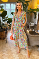 Multi Floral Print V Neck Belted Jumpsuit