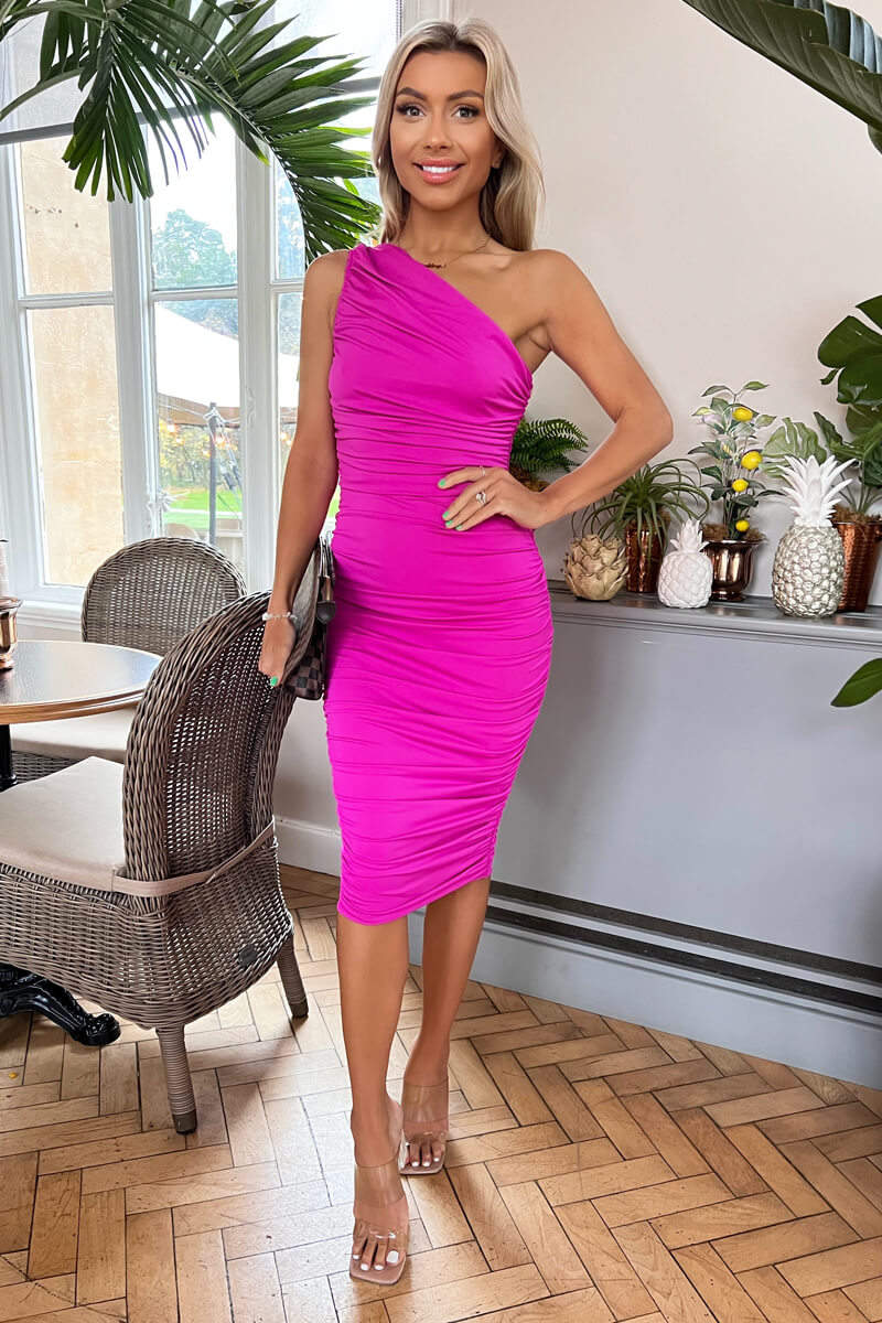 Hot Pink One Shoulder Ruched Midi Dress AX Paris Hot Pink One Shoulder Ruched Midi Dress AX Paris