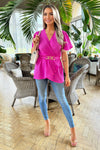 Hot Pink Short Sleeve Wrap Belted Top