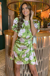 Green Floral Print Short Puff Sleeve Gathered Side Mini Dress