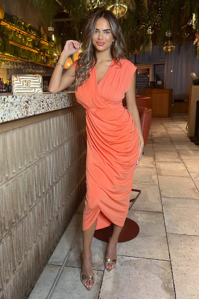 Peach Wrap Draped Midi Dress – AX Paris