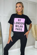Black NY London Milan Paris Slogan T-Shirt