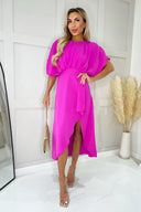 Hot Pink Batwing Top Wrap Skirt Midi Dress