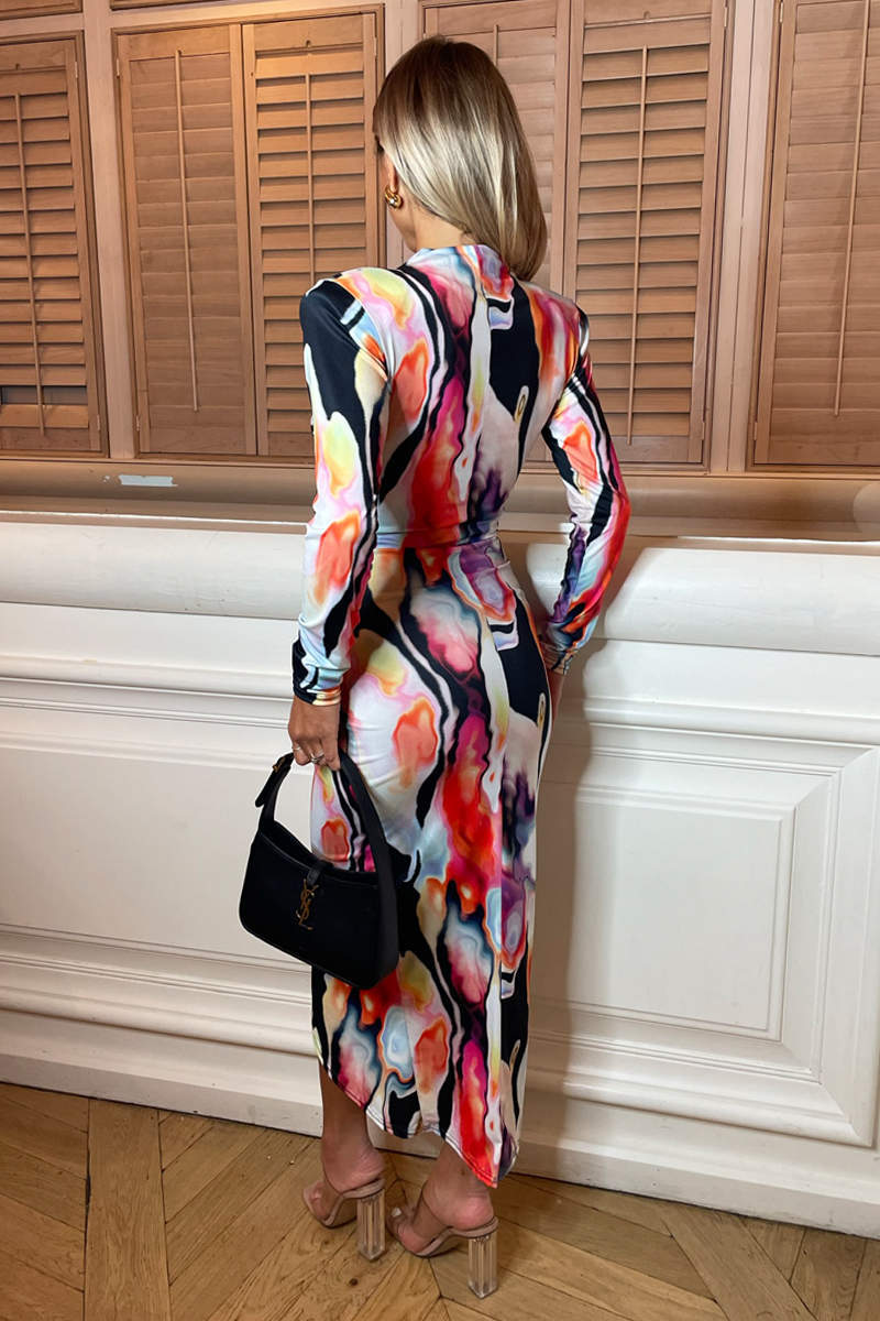 Multi Abstract Print Long Sleeve Bodycon Midi Dress AX Paris Multi Abstract Print Long Sleeve Bodycon Midi Dress AX Paris