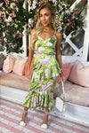Green Floral Satin Ruffle Midi Dress