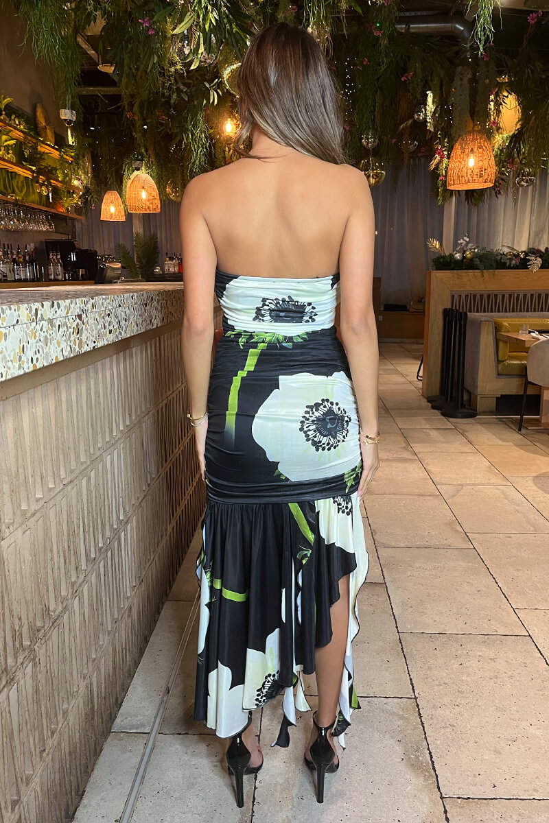 Black Floral Printed Strapless Ruched Midi Dress